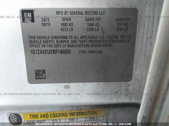 1G1ZA5EUXBF149683 - 2011 CHEVROLET MALIBU LS CREAM photo 9