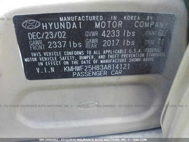 KMHWF25H83A814121 - 2003 HYUNDAI SONATA GL GOLD photo 9