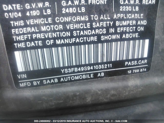 YS3FB49S941035211 - 2004 SAAB 9-3 LINEAR GRAY photo 9