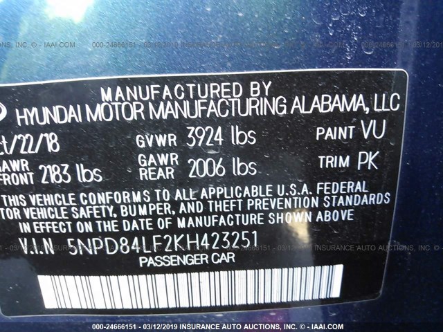 5NPD84LF2KH423251 - 2019 HYUNDAI ELANTRA SEL/VALUE/LIMITED BLUE photo 9