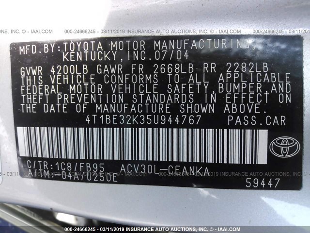 4T1BE32K35U944767 - 2005 TOYOTA CAMRY LE/XLE/SE SILVER photo 9