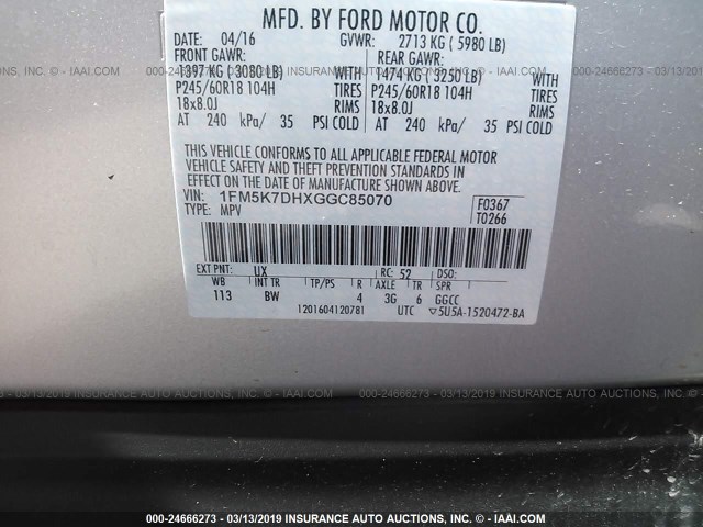 1FM5K7DHXGGC85070 - 2016 FORD EXPLORER XLT SILVER photo 9