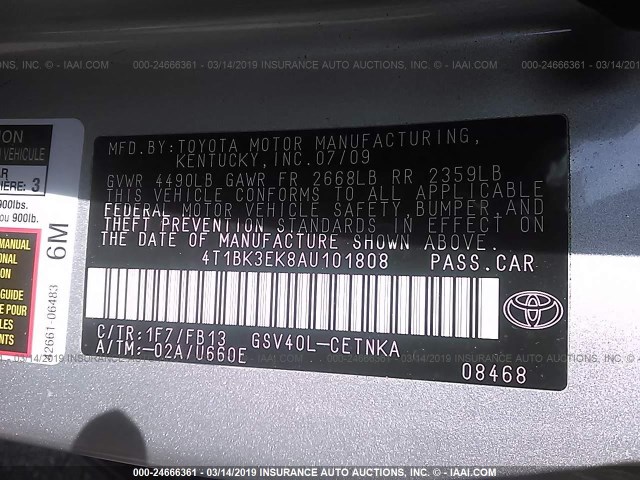 4T1BK3EK8AU101808 - 2010 TOYOTA CAMRY SE/LE/XLE 银色 照片 9