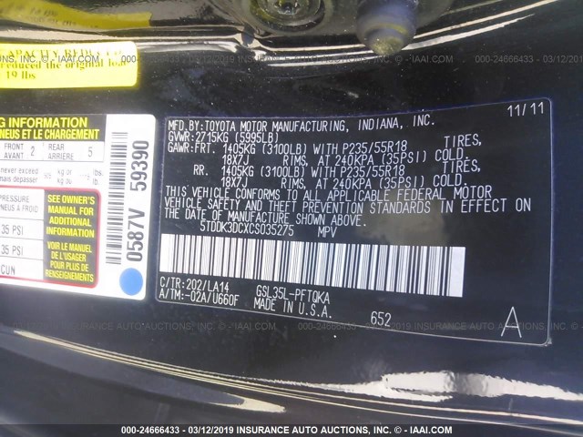 5TDDK3DCXCS035275 - 2012 TOYOTA SIENNA XLE/LIMITED BLACK photo 9