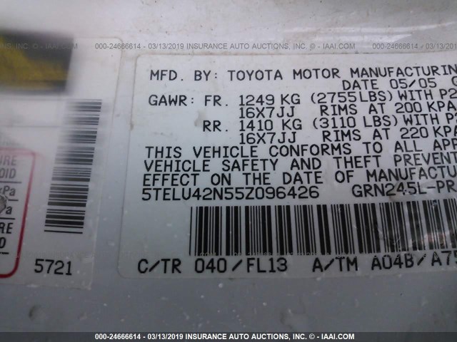 5TELU42N55Z096426 - 2005 TOYOTA TACOMA DOUBLE CAB 白色 照片 9