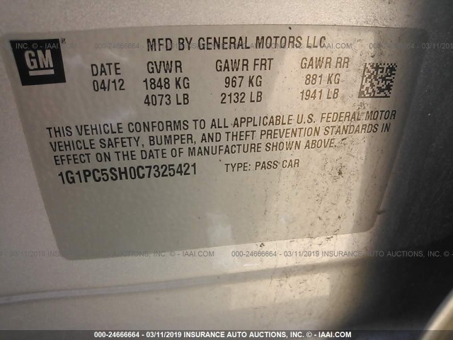 1G1PC5SH0C7325421 - 2012 CHEVROLET CRUZE LS SILVER photo 9