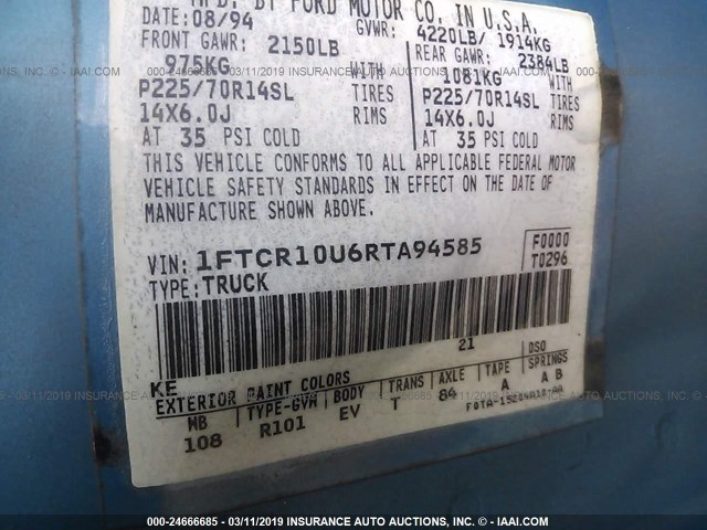 1FTCR10U6RTA94585 - 1994 FORD RANGER BLUE photo 9