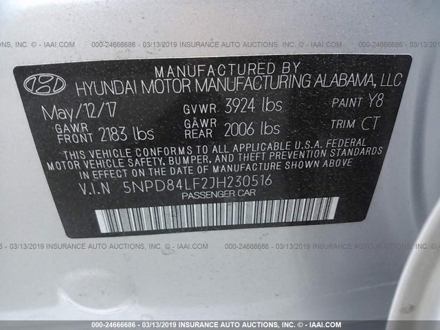 5NPD84LF2JH230516 - 2018 HYUNDAI ELANTRA SEL/VALUE/LIMITED SILVER photo 9