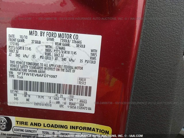 1FTFW1EV6AFD71097 - 2010 FORD F150 SUPERCREW RED photo 9