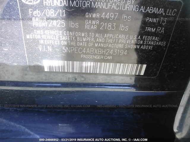 5NPEC4ABXBH243194 - 2011 HYUNDAI SONATA SE/LIMITED Dark Blue photo 9