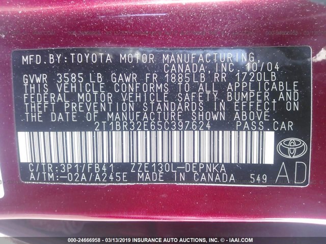 2T1BR32E65C397624 - 2005 TOYOTA COROLLA CE/LE/S BURGUNDY photo 9