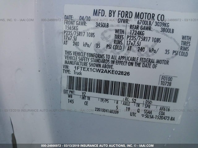 1FTEX1CW2AKE02826 - 2010 FORD F150 SUPER CAB WHITE photo 9