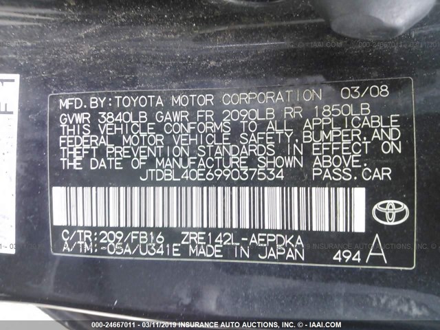 JTDBL40E699037534 - 2009 TOYOTA COROLLA LE/XLE BLACK photo 9