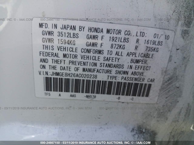 JHMGE8H26AC020238 - 2010 HONDA FIT WHITE photo 9