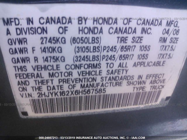 2HJYK162X6H567585 - 2006 HONDA RIDGELINE RT GRAY photo 9