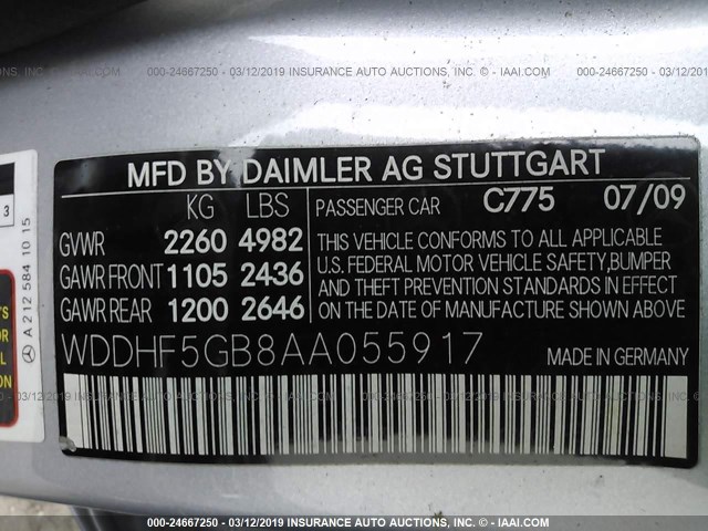 WDDHF5GB8AA055917 - 2010 MERCEDES-BENZ E 350 SILVER photo 9