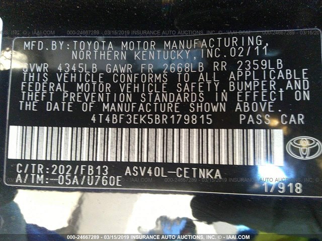 4T4BF3EK5BR179815 - 2011 TOYOTA CAMRY SE/LE/XLE BLACK photo 9