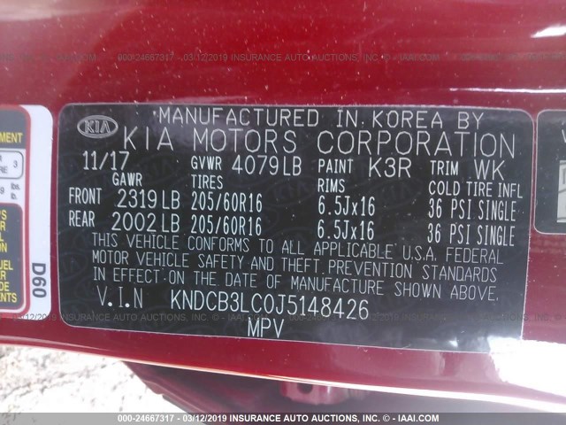 KNDCB3LC0J5148426 - 2018 KIA NIRO FE/LX RED photo 9