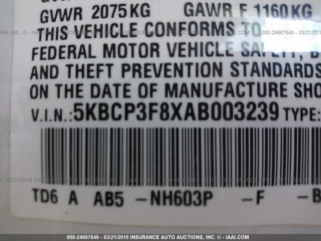 5KBCP3F8XAB003239 - 2010 HONDA ACCORD EXL WHITE photo 9