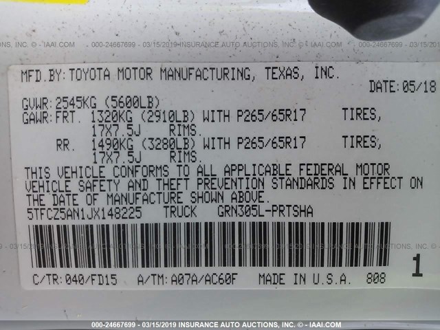 5TFCZ5AN1JX148225 - 2018 TOYOTA TACOMA DBL CAB/SR/TRDSPT/OR/PRO WHITE photo 9