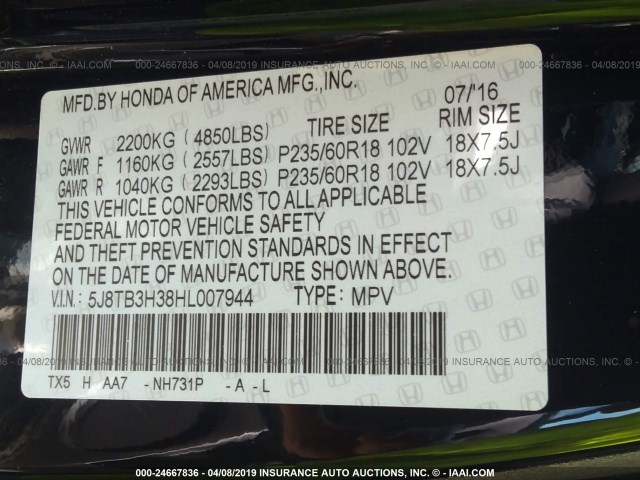 5J8TB3H38HL007944 - 2017 ACURA RDX BLACK photo 9