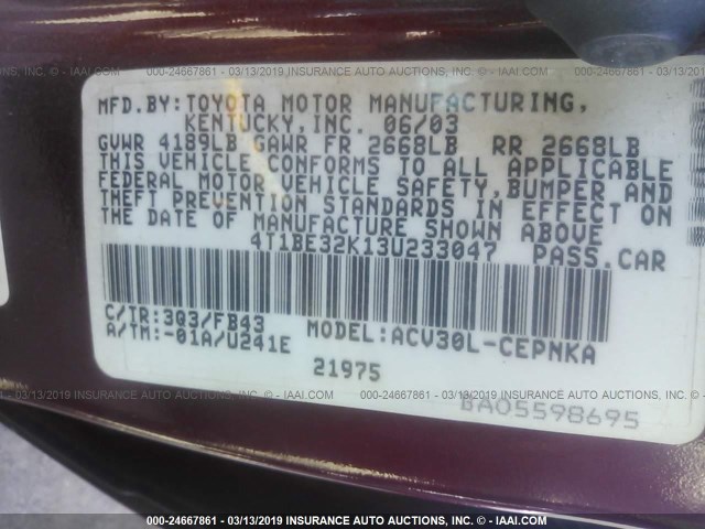 4T1BE32K13U233047 - 2003 TOYOTA CAMRY LE/XLE/SE RED photo 9