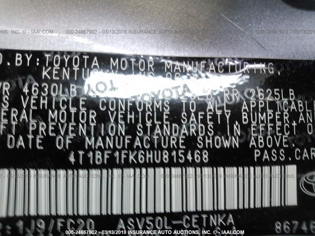 4T1BF1FK6HU815468 - 2017 TOYOTA CAMRY LE/XLE/SE/XSE SILVER photo 9