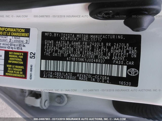 4T1B11HK1JU048937 - 2018 TOYOTA CAMRY L/LE/XLE/SE/XSE WHITE photo 9