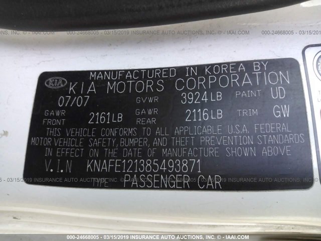 KNAFE121385493871 - 2008 KIA SPECTRA EX/LX/SX WHITE photo 9