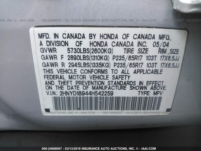 2HNYD18944H542259 - 2004 ACURA MDX TOURING SILVER photo 9