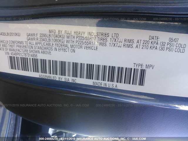 4S4BP61C787314856 - 2008 SUBARU OUTBACK 2.5I BLUE photo 9