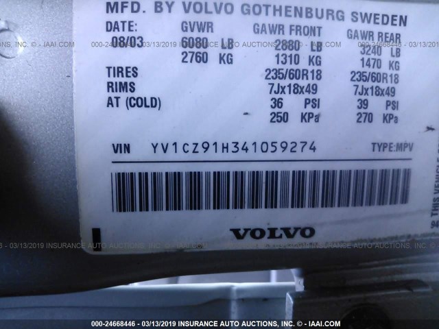 YV1CZ91H341059274 - 2004 VOLVO XC90 T6 SILVER photo 9