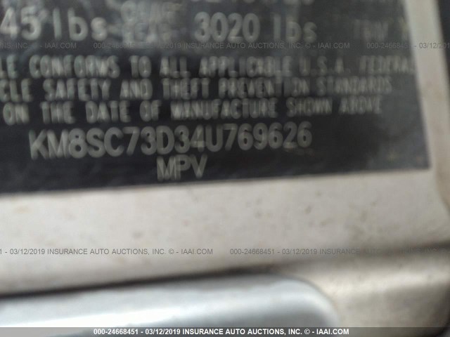 KM8SC73D34U769626 - 2004 HYUNDAI SANTA FE GLS/LX WHITE photo 9