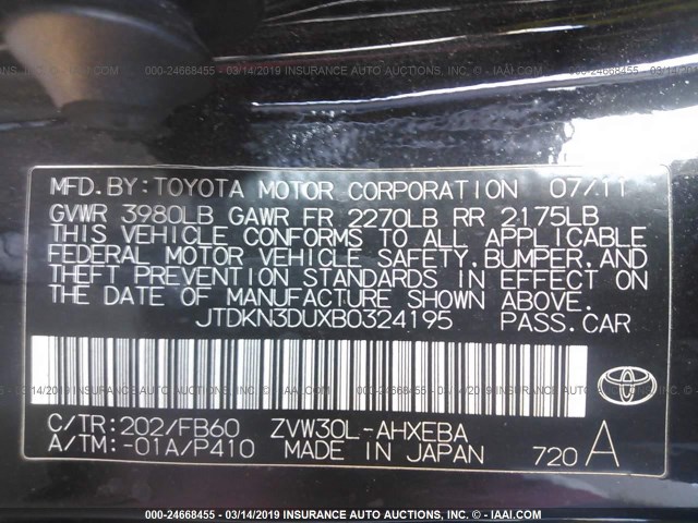 JTDKN3DUXB0324195 - 2011 TOYOTA PRIUS BLACK photo 9