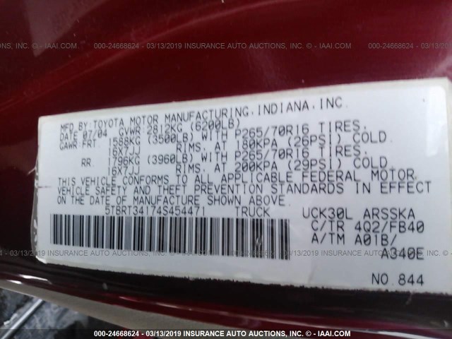5TBRT34174S454471 - 2004 TOYOTA TUNDRA ACCESS CAB SR5 RED photo 9