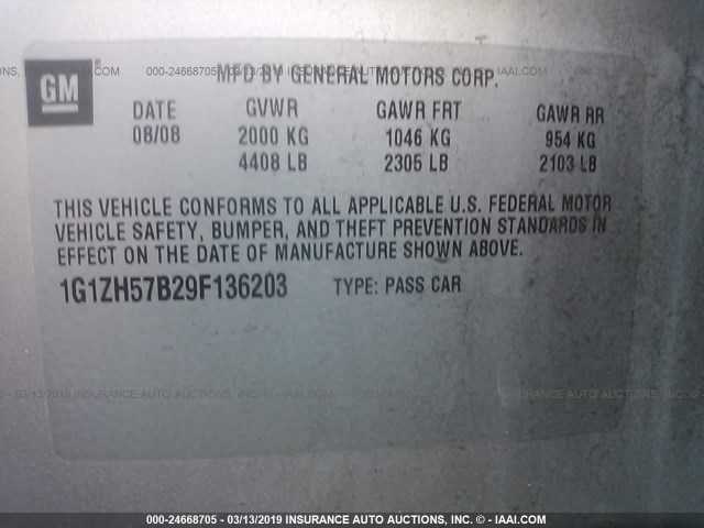 1G1ZH57B29F136203 - 2009 CHEVROLET MALIBU 1LT 灰色 照片 9