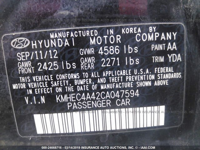 KMHEC4A42CA047594 - 2012 HYUNDAI SONATA HYBRID BLACK photo 9