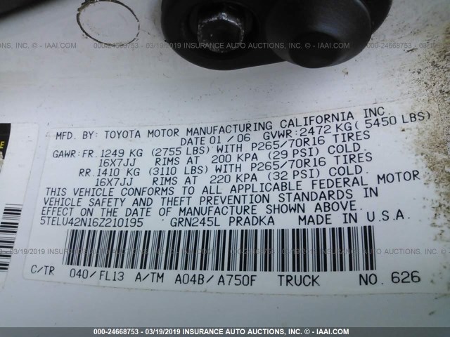 5TELU42N16Z210195 - 2006 TOYOTA TACOMA DOUBLE CAB 白色 照片 9