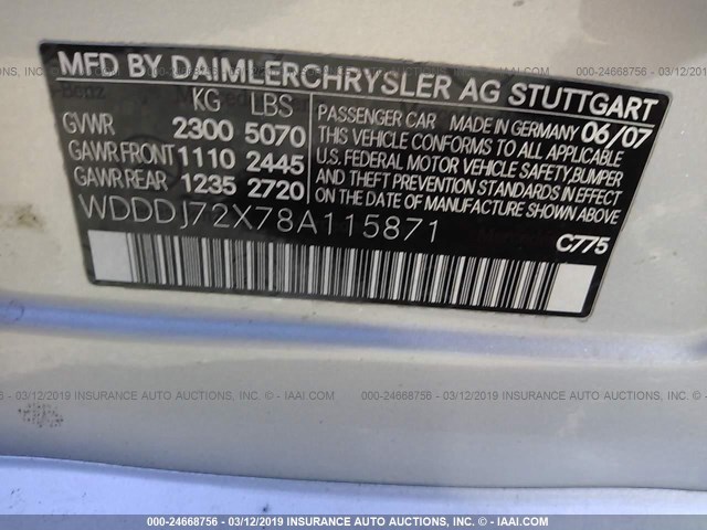 WDDDJ72X78A115871 - 2008 MERCEDES-BENZ CLS 550 SILVER photo 9