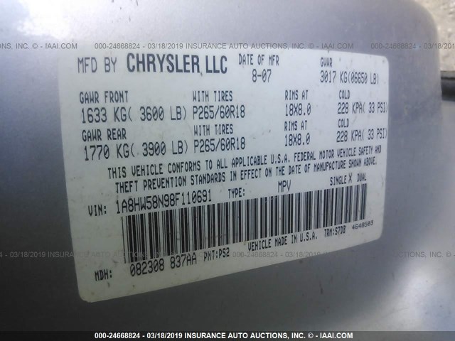 1A8HW58N98F110691 - 2008 CHRYSLER ASPEN LIMITED SILVER photo 9