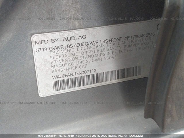 WAUFFAFL1EN007112 - 2014 AUDI A4 PREMIUM PLUS GRAY photo 9