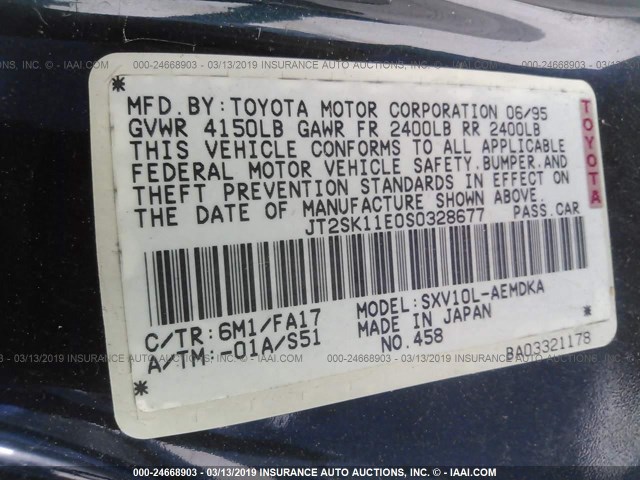 JT2SK11E0S0328677 - 1995 TOYOTA CAMRY DX GREEN photo 9