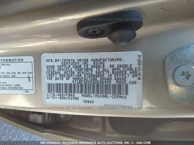 4T1BF32K52U526493 - 2002 TOYOTA CAMRY LE/XLE/SE GOLD photo 9