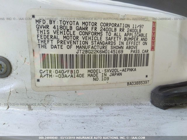 JT2BG22K6W0145169 - 1998 TOYOTA CAMRY CE/LE/XLE WHITE photo 9