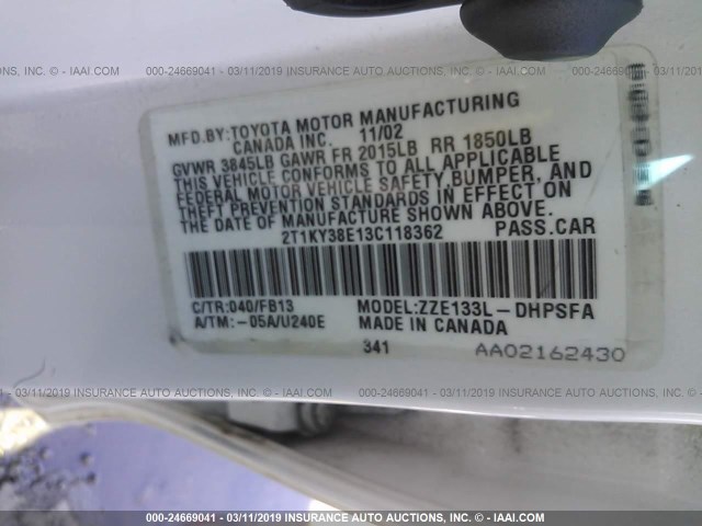 2T1KY38E13C118362 - 2003 TOYOTA COROLLA MATRIX XRS WHITE photo 9