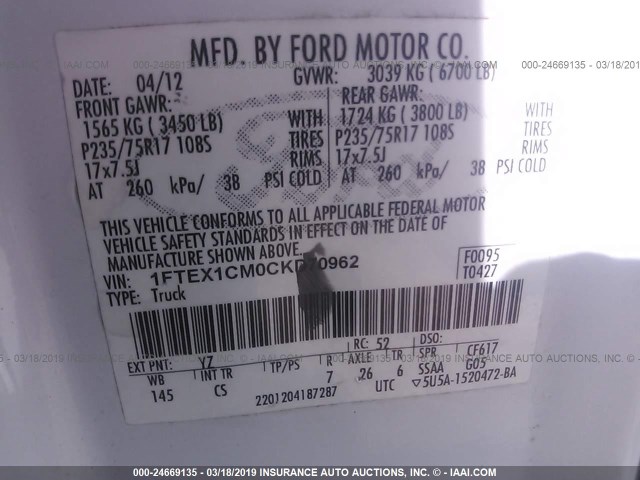 1FTEX1CM0CKD70962 - 2012 FORD F150 SUPER CAB WHITE photo 9