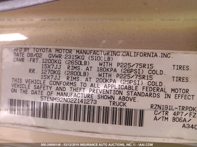 5TENM92N02Z141273 - 2002 TOYOTA TACOMA PRERUNNER TAN photo 9