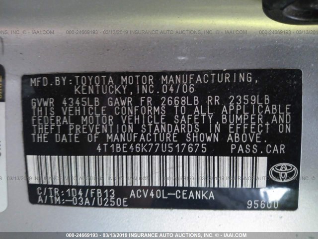 4T1BE46K77U517675 - 2007 TOYOTA CAMRY NEW GENERAT CE/LE/XLE/SE SILVER photo 9