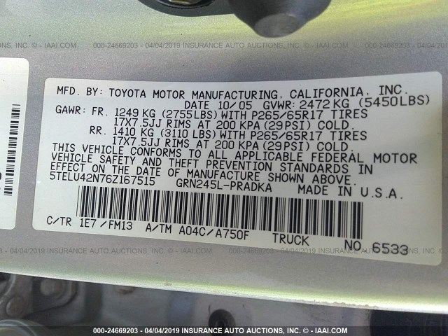 5TELU42N76Z167515 - 2006 TOYOTA TACOMA DOUBLE CAB 银色 照片 9