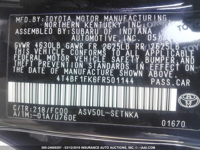 4T4BF1FK6FR501144 - 2015 TOYOTA CAMRY LE/XLE/SE/XSE 黑色 照片 9